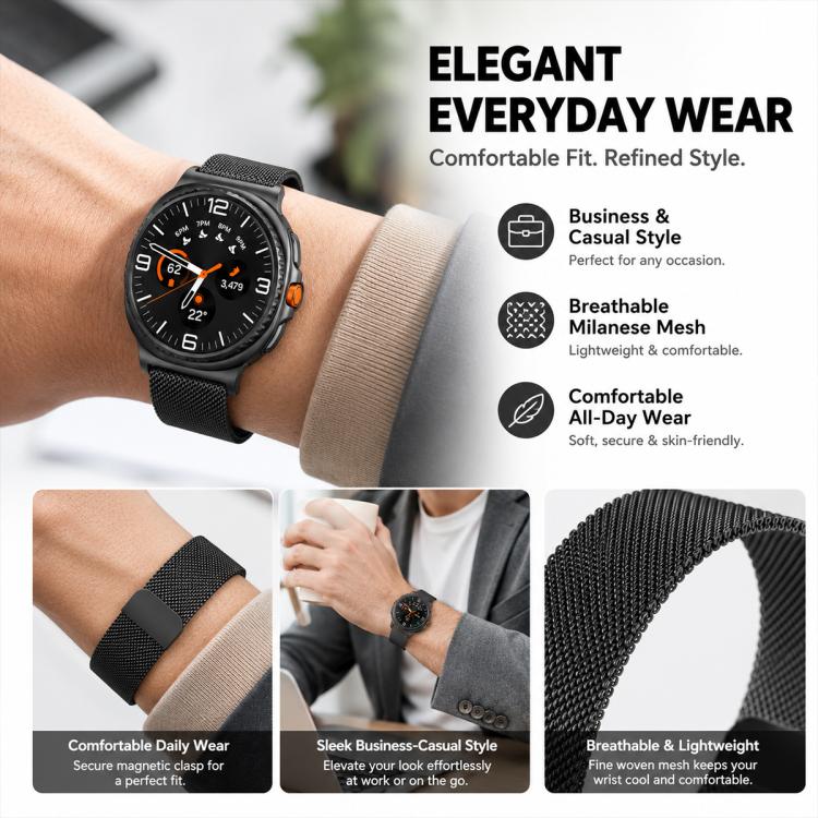 Black Milanese watch band worn on a wrist with a round watch