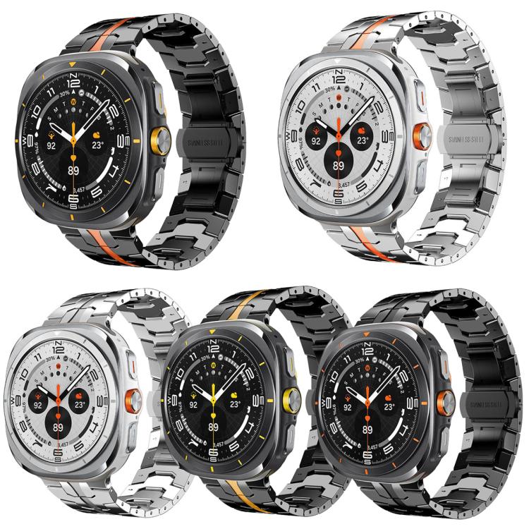 Stainless steel watch band shown in five black and silver styles with colored center stripes.