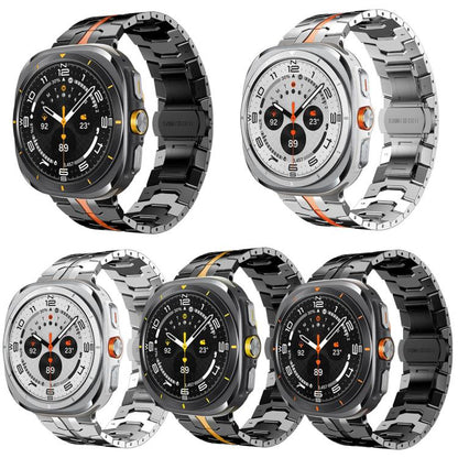 Stainless steel watch band shown in five black and silver styles with colored center stripes.