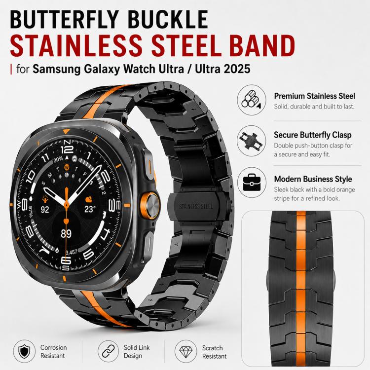 Black stainless steel watch band with orange center stripe and butterfly clasp.