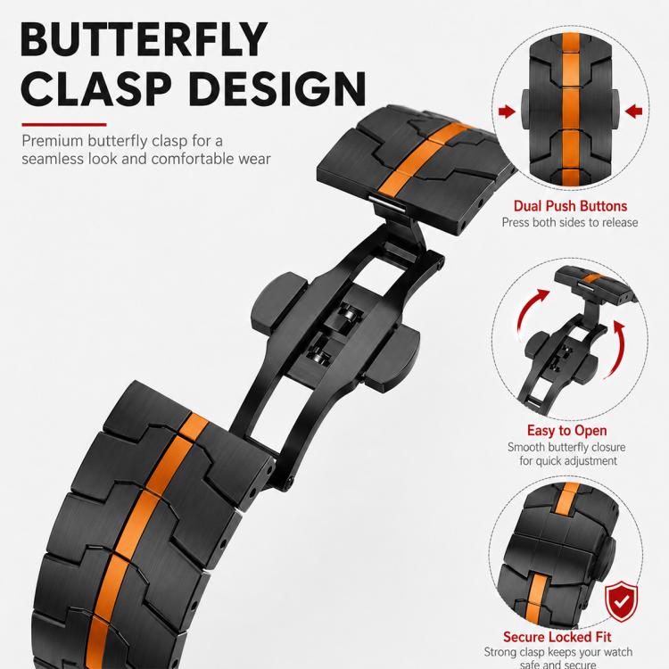 Black stainless steel watch band with orange stripe and open butterfly clasp.