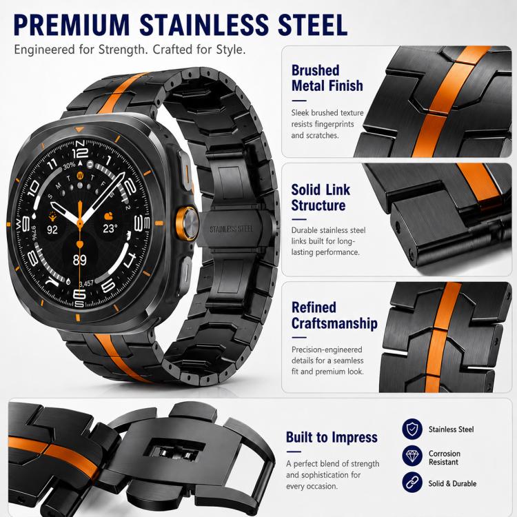 Black stainless steel watch band with orange stripe, showing brushed links and butterfly clasp.