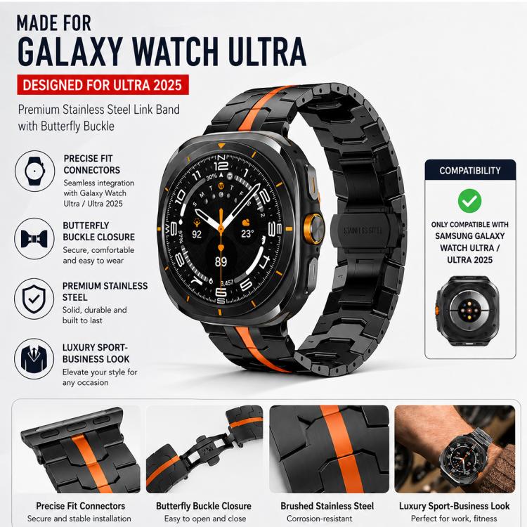 Black stainless steel watch band with orange stripe and butterfly buckle, shown with fit details.