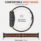 Black stainless steel watch band with orange stripe, shown curved and flat to illustrate its 230 mm length.