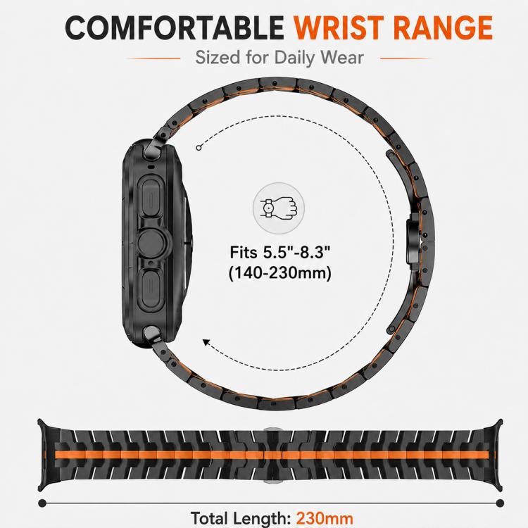 Black stainless steel watch band with orange stripe, shown curved and flat to illustrate its 230 mm length.