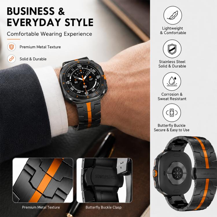 Black stainless steel watch band with orange stripe, shown worn and in close-ups of the links and clasp.