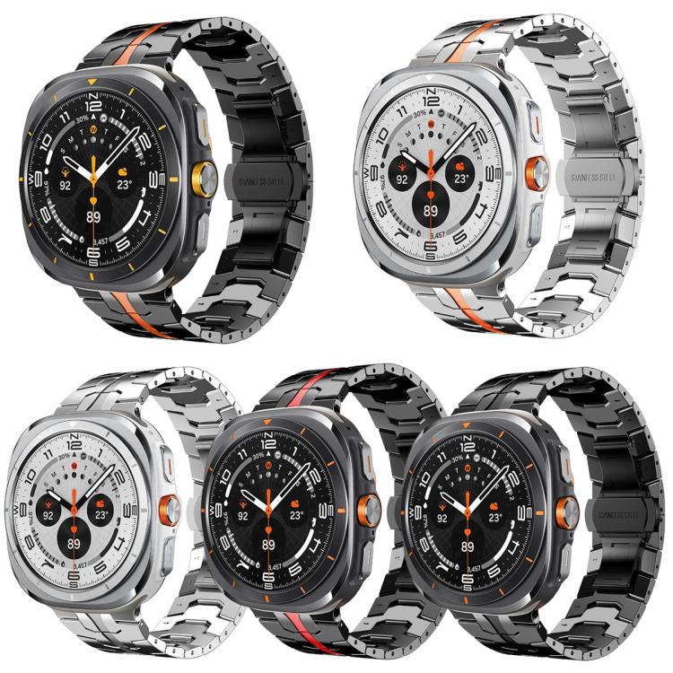 Stainless steel watch band shown in five black and silver styles with orange and red center stripes.