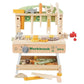 Children's wooden workbench playset with hanging tools and colorful accessories