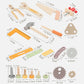 Assorted wooden tool pieces for pretend play, shown with size measurements