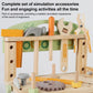 Children's wooden tool bench with mounted tools, gears, and orange switch panel