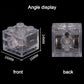 Clear 2x2 LED building block, front and back angle views with size markings