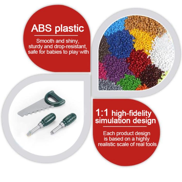 Children's ABS plastic tool set with green handle pieces and colorful accessory display