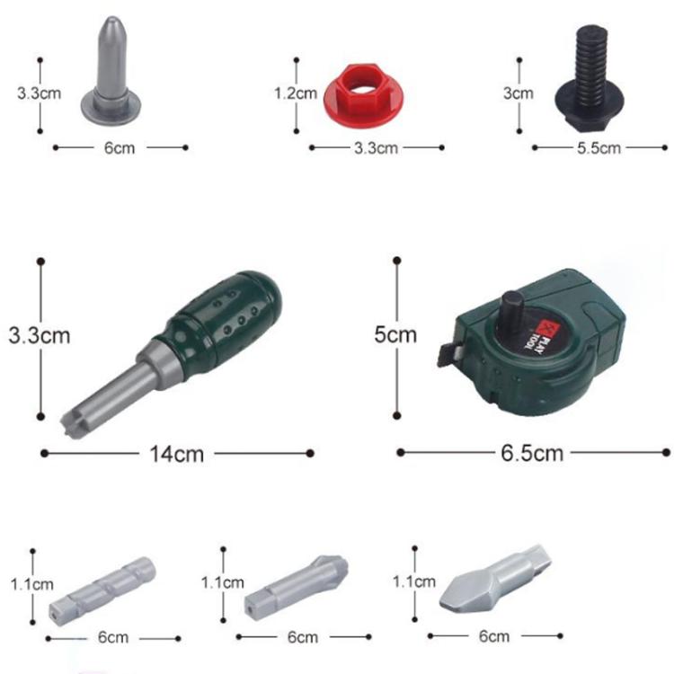 Assorted toy drill parts with size diagram: bits, screws, and battery unit