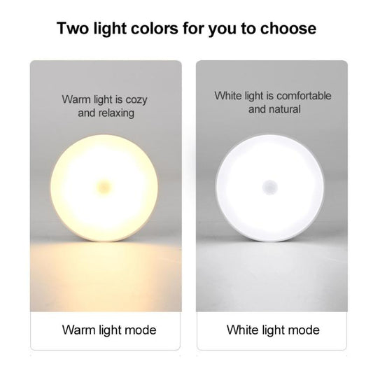 Round LED night light showing warm and white light modes