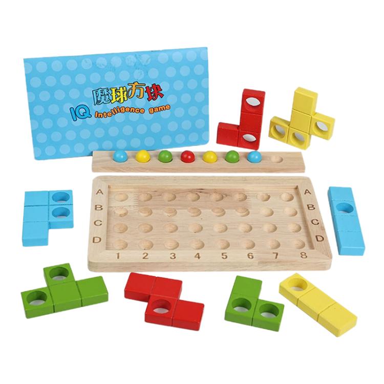Wooden magic cube block puzzle set with multicolor pieces, base board, and balls