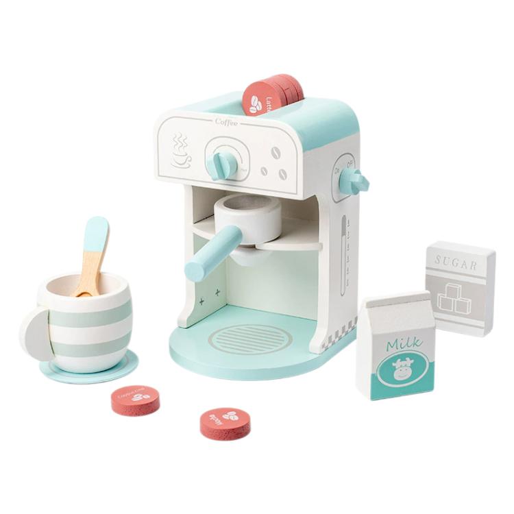 Children's wooden coffee machine toy with cup, serving spoon, milk and sugar containers