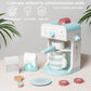 Children's wooden coffee machine toy with teacup, milk and sugar boxes, and play coins