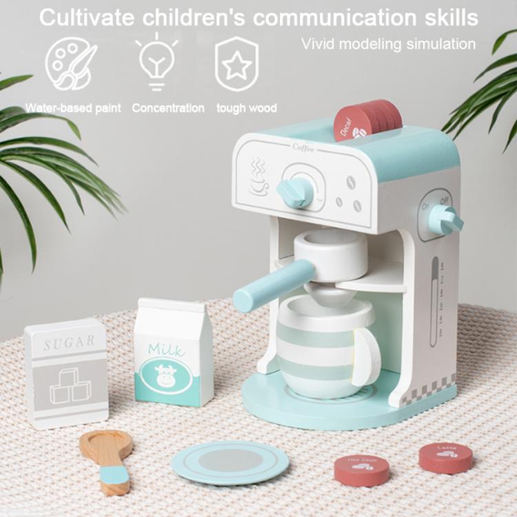 Children's wooden coffee machine toy with teacup, milk and sugar boxes, and play coins