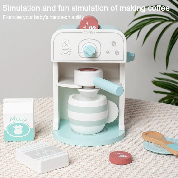 Children's wooden pretend coffee machine toy with teacup, mug, and play coffee pieces