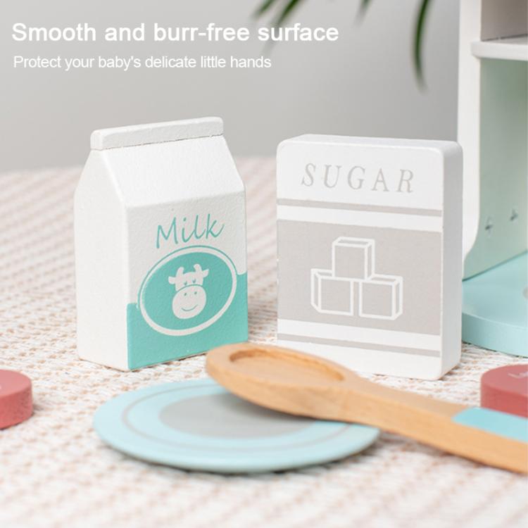 Children's wooden play coffee set with milk and sugar boxes, wooden spoon, and cups