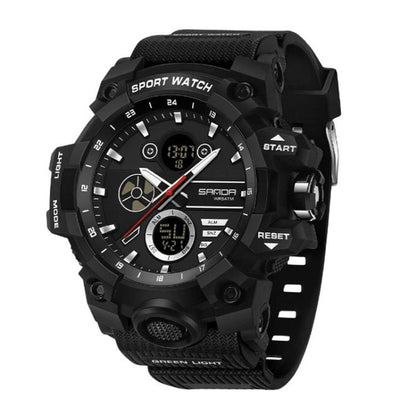 Sports electronic wristwatch with black case, black strap, and multiple dial displays