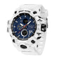 Sports electronic wristwatch with white case, blue inner dials, and START/RESET buttons