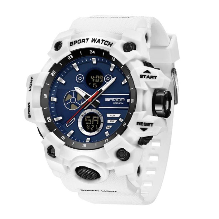 Sports electronic wristwatch with white case, blue inner dials, and START/RESET buttons
