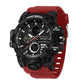 Sports electronic wristwatch with red strap, black case, and multi-dial digital display