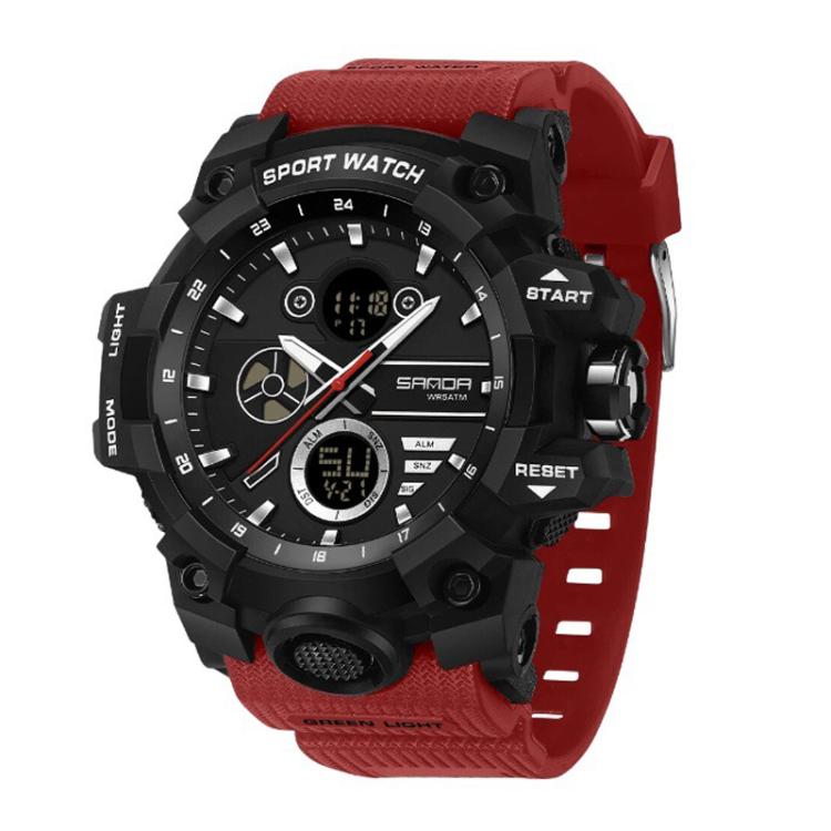 Sports electronic wristwatch with red strap, black case, and multi-dial digital display