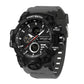 Sports electronic wristwatch with dark gray strap, black case, and multiple sub-dials