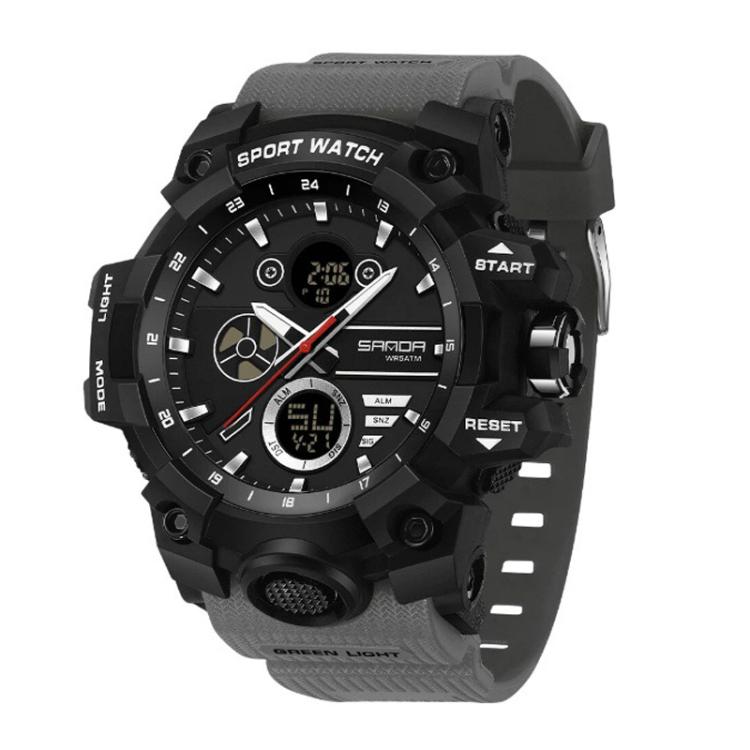 Sports electronic wristwatch with dark gray strap, black case, and multiple sub-dials