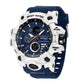 Sports electronic wristwatch with white case and blue strap, multi-dial digital display