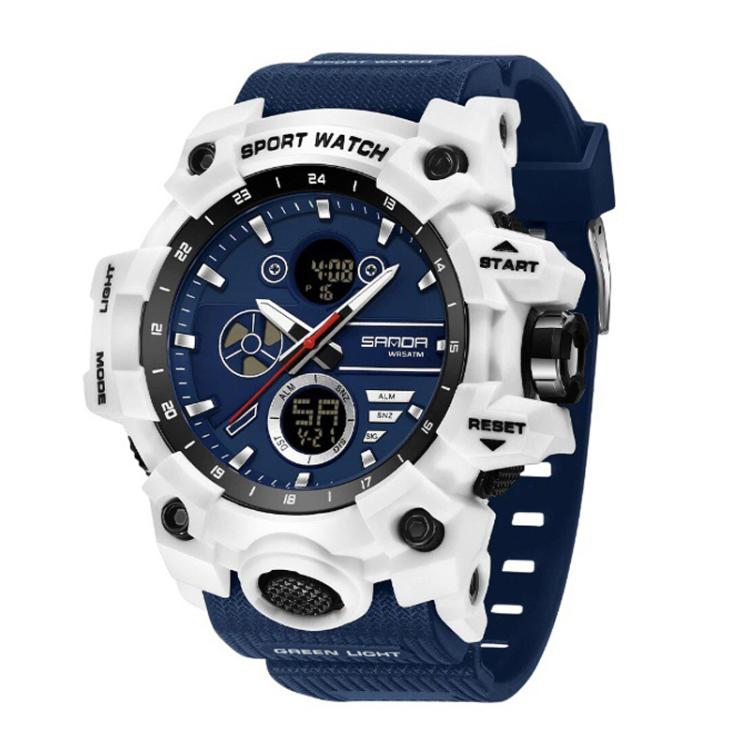 Sports electronic wristwatch with white case and blue strap, multi-dial digital display