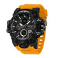 Sports electronic wristwatch with orange strap, black case, and START/RESET buttons