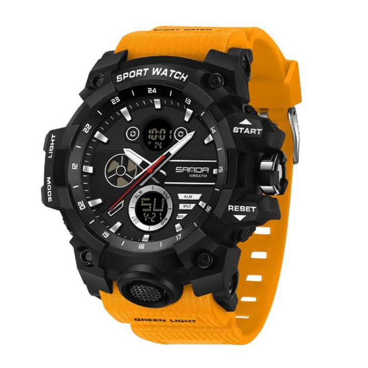 Sports electronic wristwatch with orange strap, black case, and START/RESET buttons