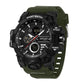 Sports electronic wristwatch with green strap, black case, and multi-dial watch face