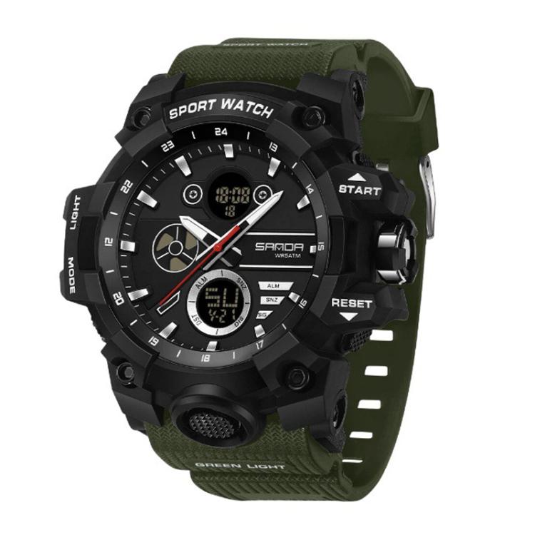 Sports electronic wristwatch with green strap, black case, and multi-dial watch face