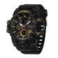 Sports electronic wristwatch with black case and gold-tone dial accents and multi-dials