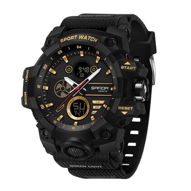 Sports electronic wristwatch with black case and gold-tone dial accents and multi-dials