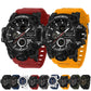 Two sports electronic wristwatches with red and orange straps, black watch faces
