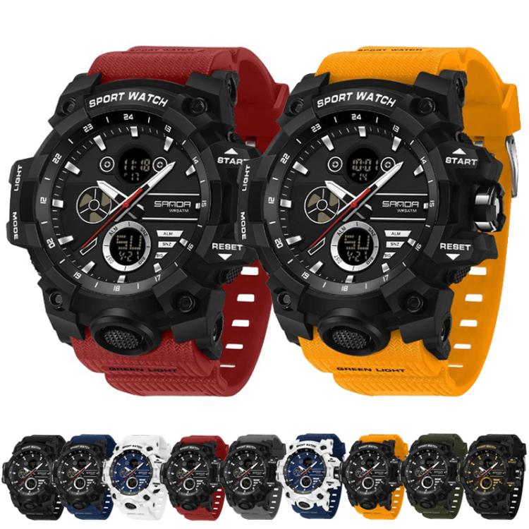 Two sports electronic wristwatches with red and orange straps, black watch faces