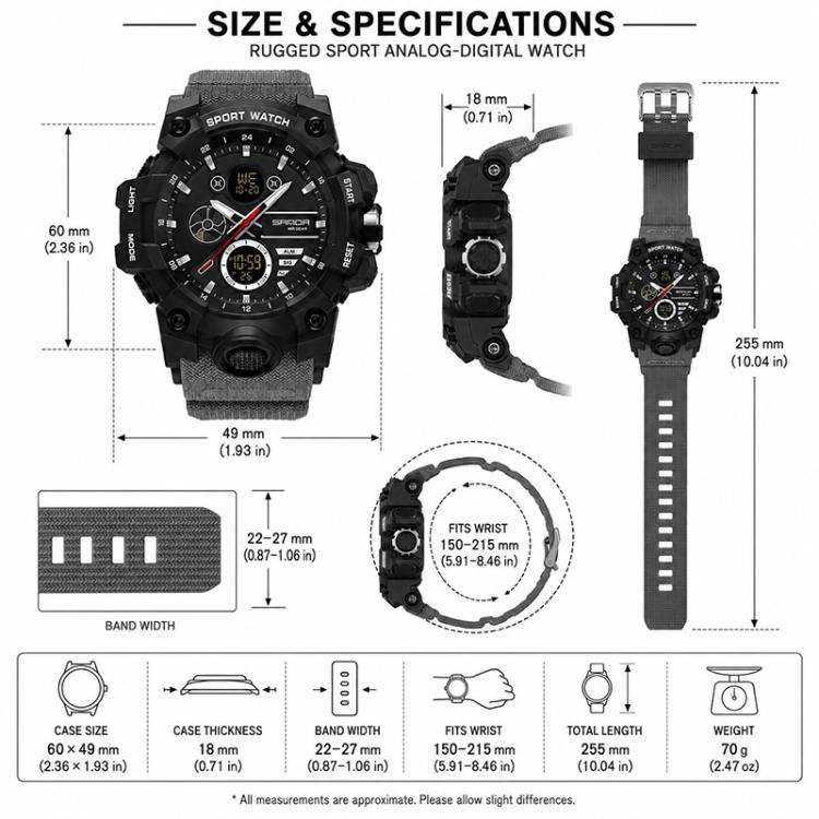 Black rugged analog-digital sports watch with textured strap and multi-dial face