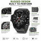 Rugged black sports watch with dual dials, textured band, and metal buckle