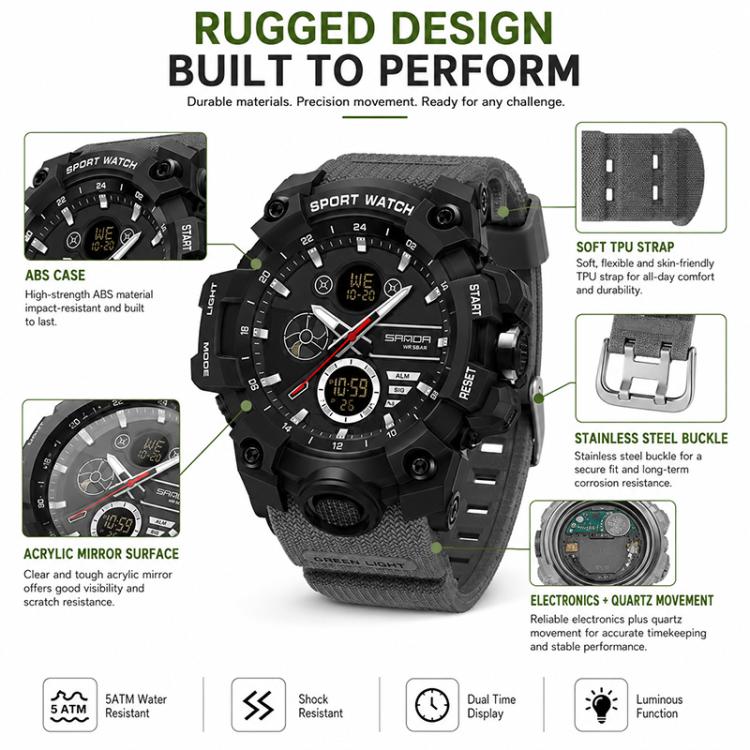 Rugged black sports watch with dual dials, textured band, and metal buckle