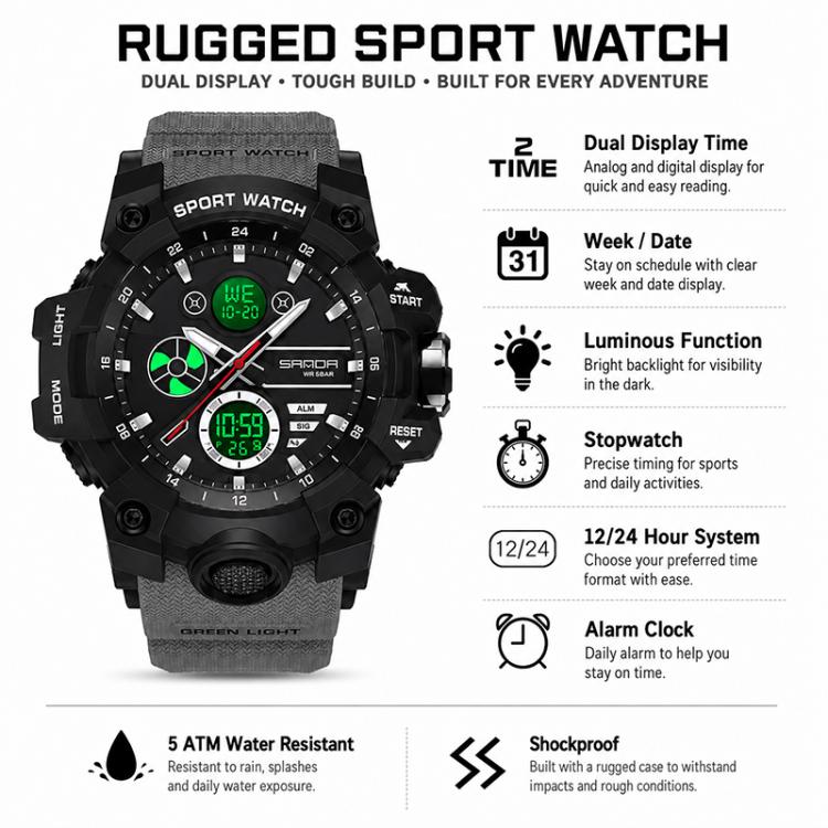 Black rugged dual-display sports watch with luminous-style digital readouts