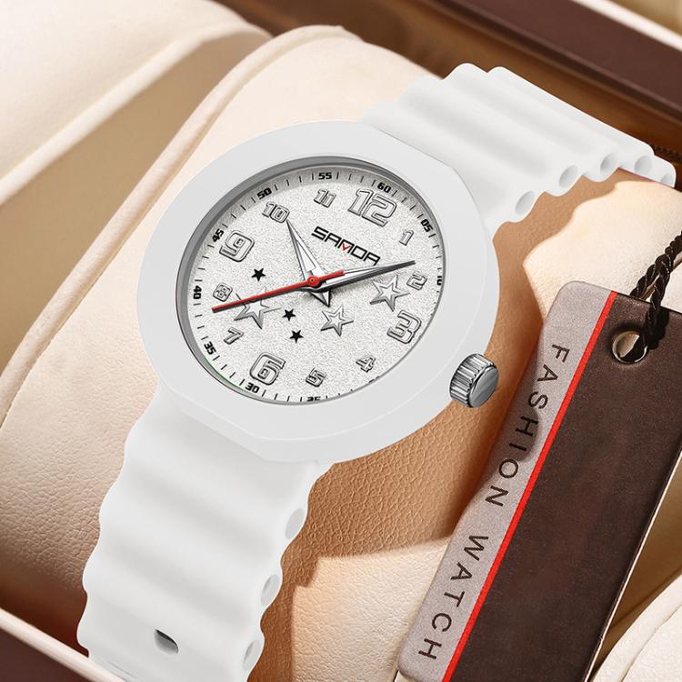 White silicone student watch with round gray dial and red second hand