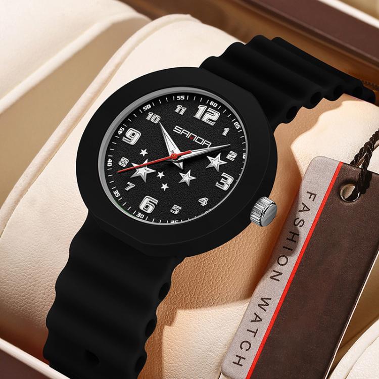 Black silicone student watch with round black dial, red second hand, star markers