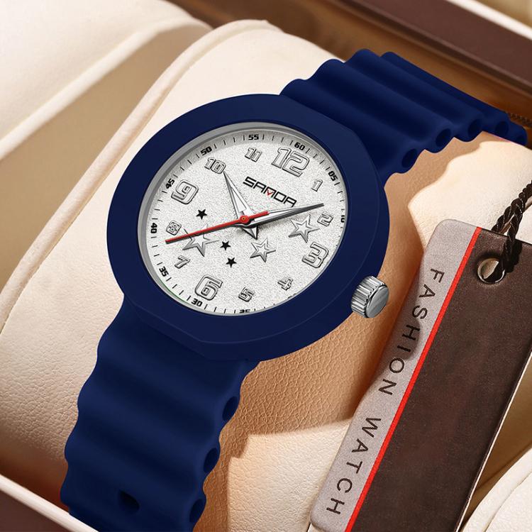 Blue silicone student watch with navy dial, red second hand, and star markers