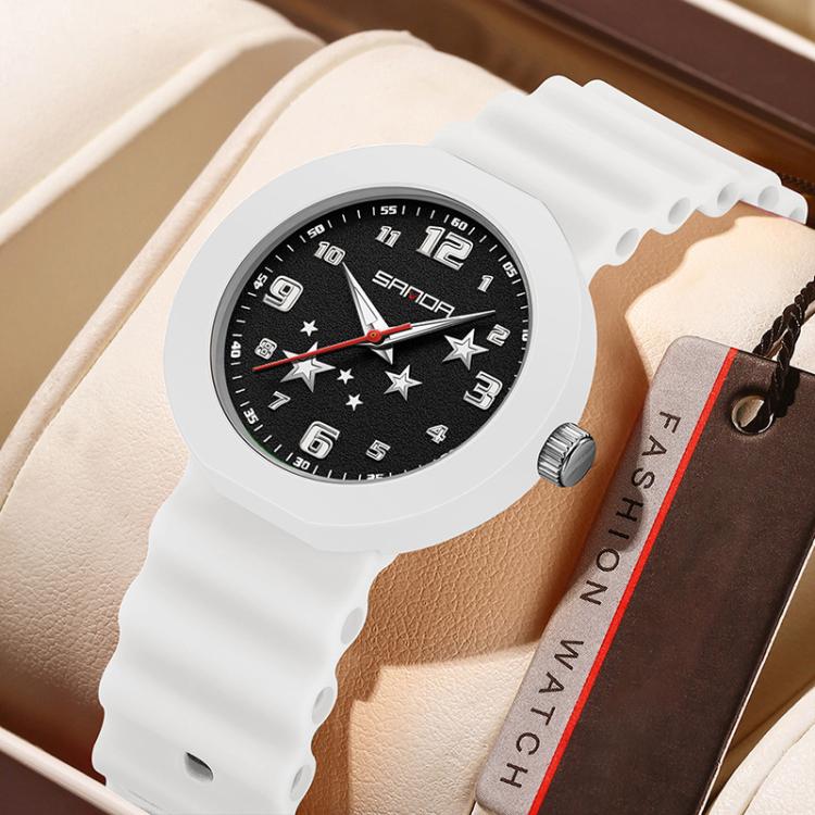 White silicone student watch with black dial and red second hand, star indices