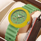 Green silicone student watch with yellow bezel and green dial with star markers